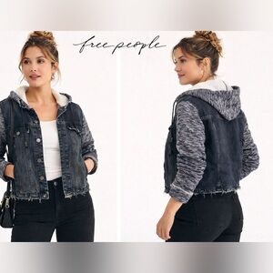 Free People Washed Black Denim Knit Hoodie Jacket 100% Cotton Size L